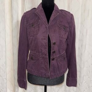 Ann Taylor LOFT Utility Jacket Purple Military Epaulette Cotton Twill Size 2